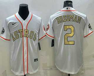 Mens Houston Astros #2 Alex Bregman White Gold 2022 World Series Champions Stitched Cool Base Nike Jersey